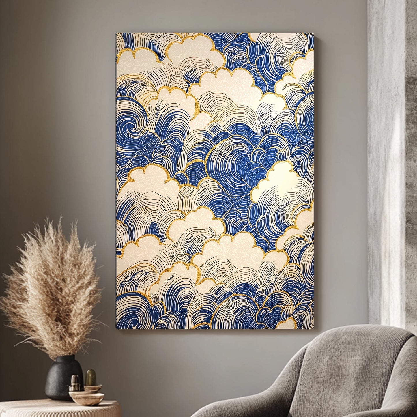 Elegant blue waves outlined with shimmering golden accents create a mesmerizing pattern. Perfect for modern decor. canvas wall art abstract portrait landscape