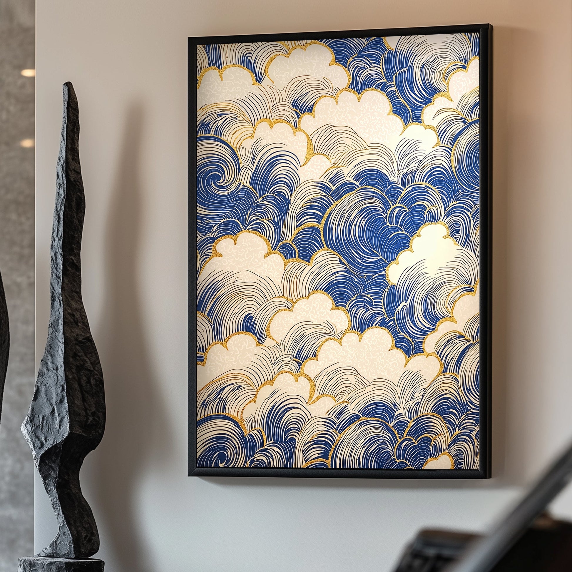 Elegant blue waves outlined with shimmering golden accents create a mesmerizing pattern. Perfect for modern decor. canvas wall art abstract portrait landscape