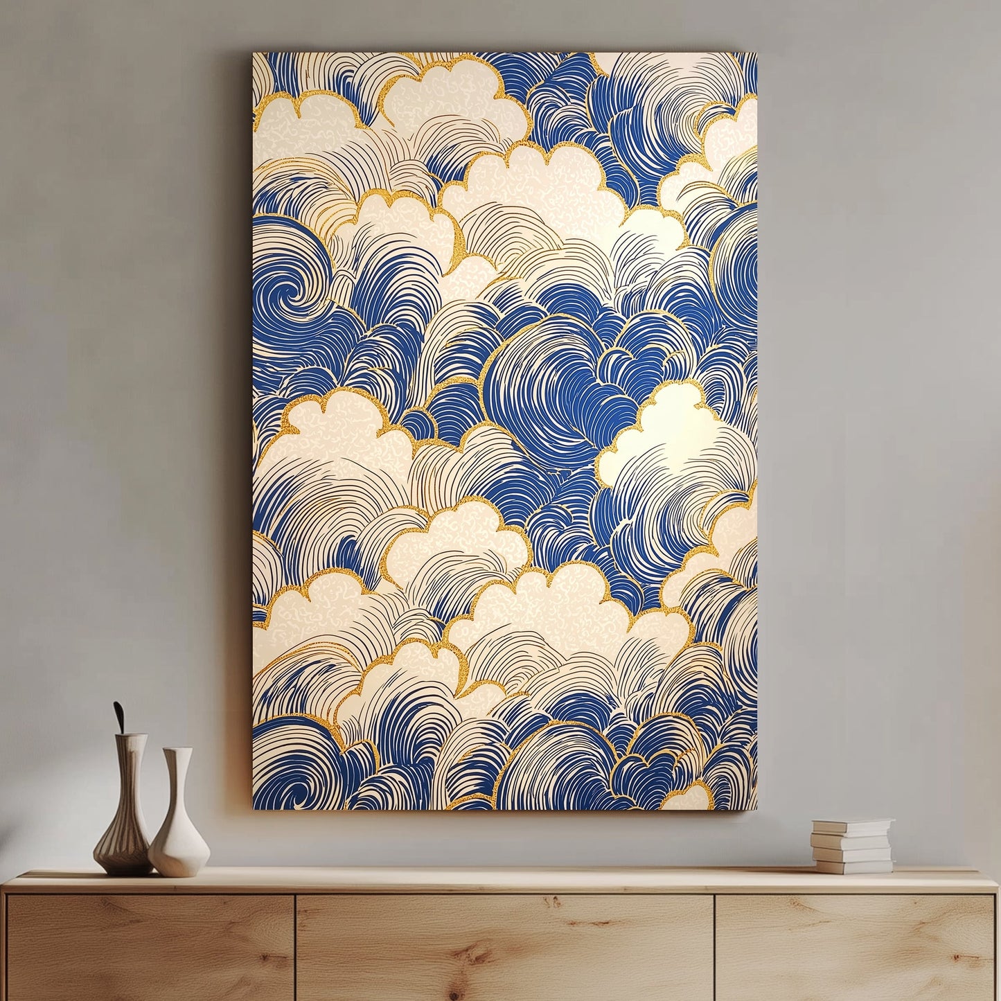 Elegant blue waves outlined with shimmering golden accents create a mesmerizing pattern. Perfect for modern decor. canvas wall art abstract portrait landscape