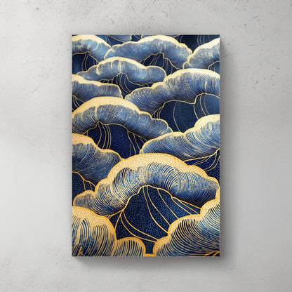 This artwork flows with layers of swirling clouds in deep blue, outlined in shimmering gold. Perfect for modern decor. canvas wall art abstract portrait landscape