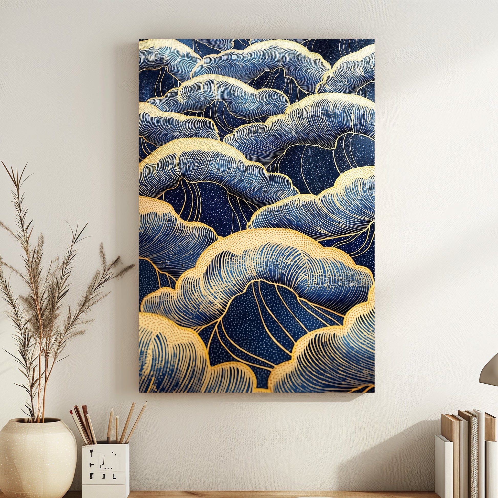 This artwork flows with layers of swirling clouds in deep blue, outlined in shimmering gold. Perfect for modern decor. canvas wall art abstract portrait landscape