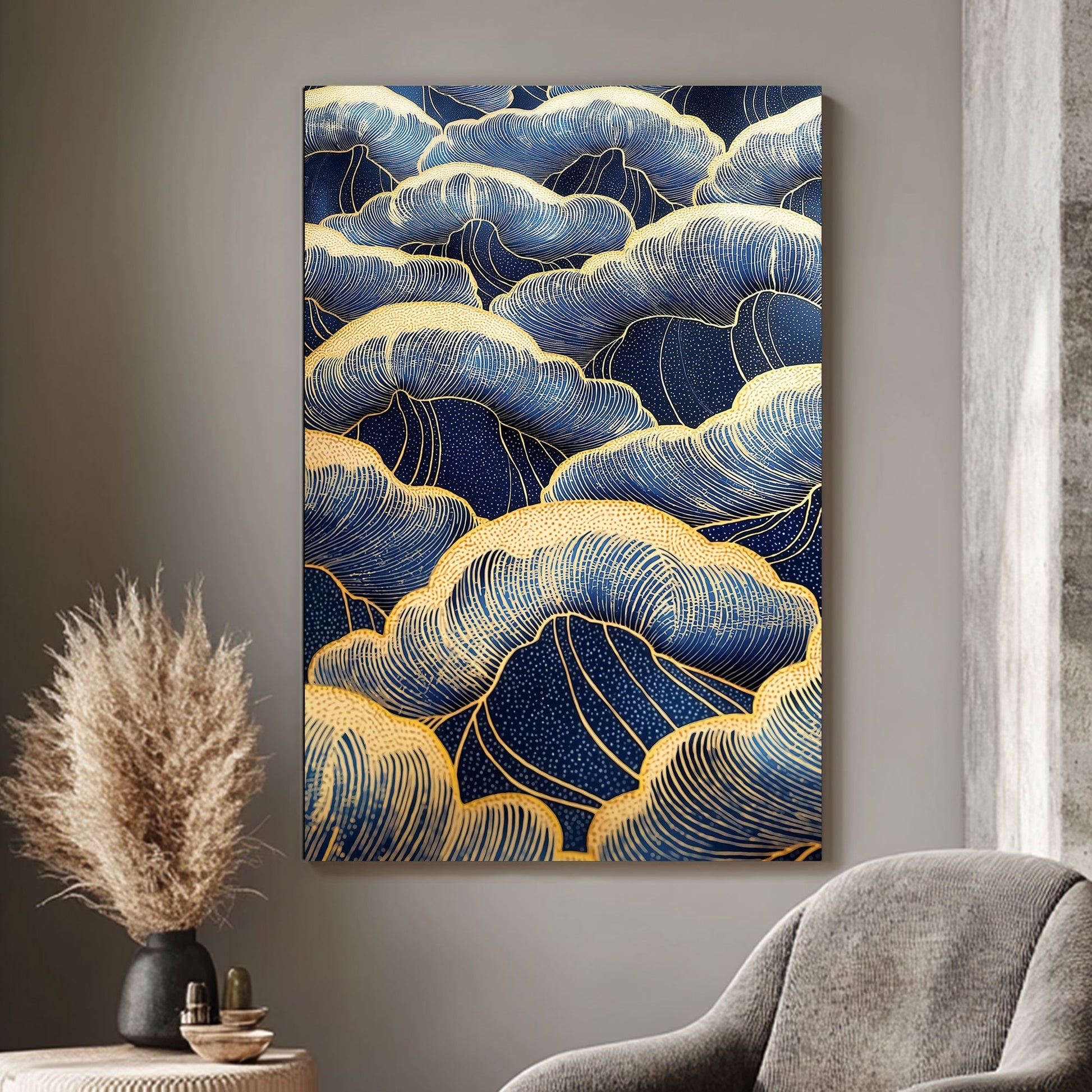 This artwork flows with layers of swirling clouds in deep blue, outlined in shimmering gold. Perfect for modern decor. canvas wall art abstract portrait landscape