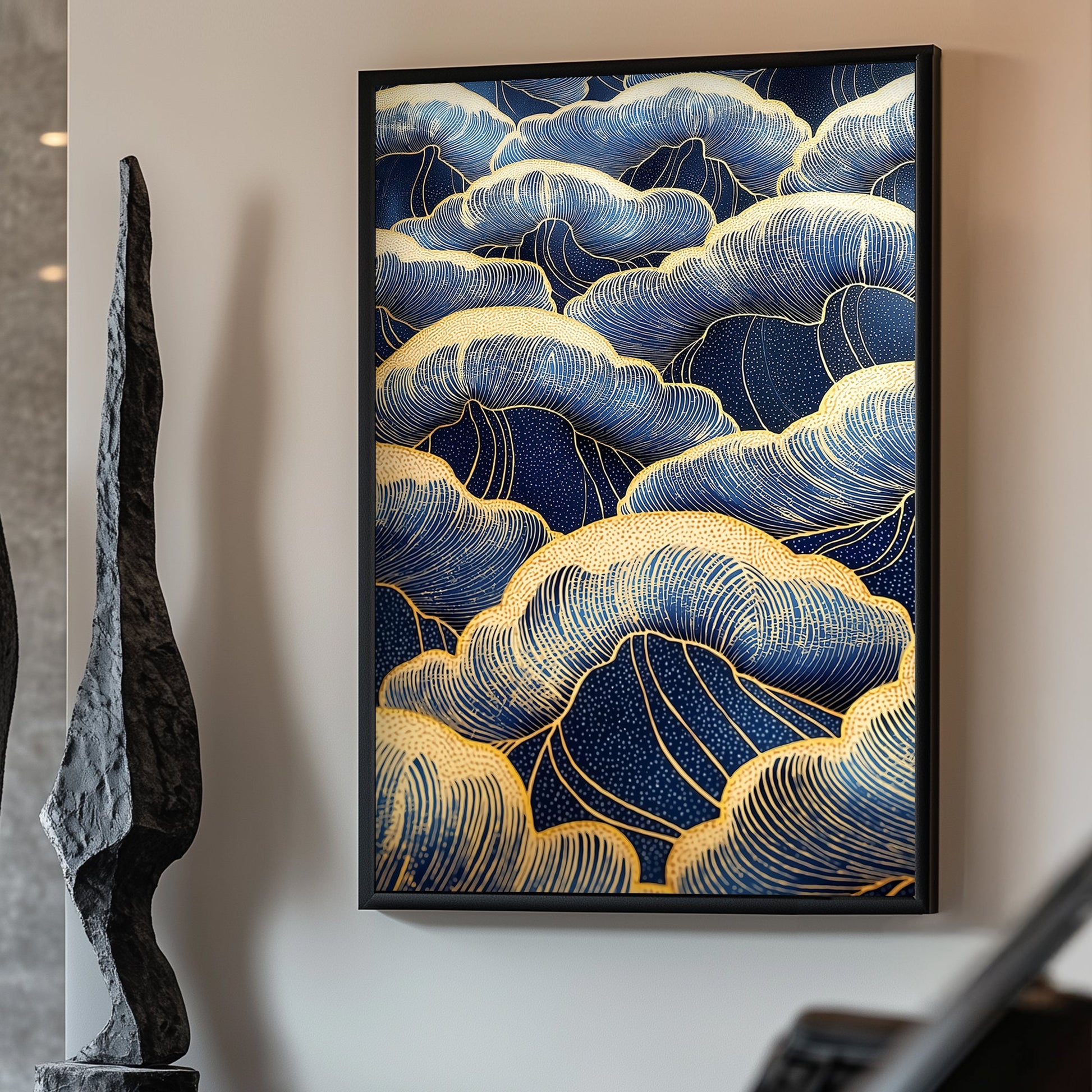 This artwork flows with layers of swirling clouds in deep blue, outlined in shimmering gold. Perfect for modern decor. canvas wall art abstract portrait landscape