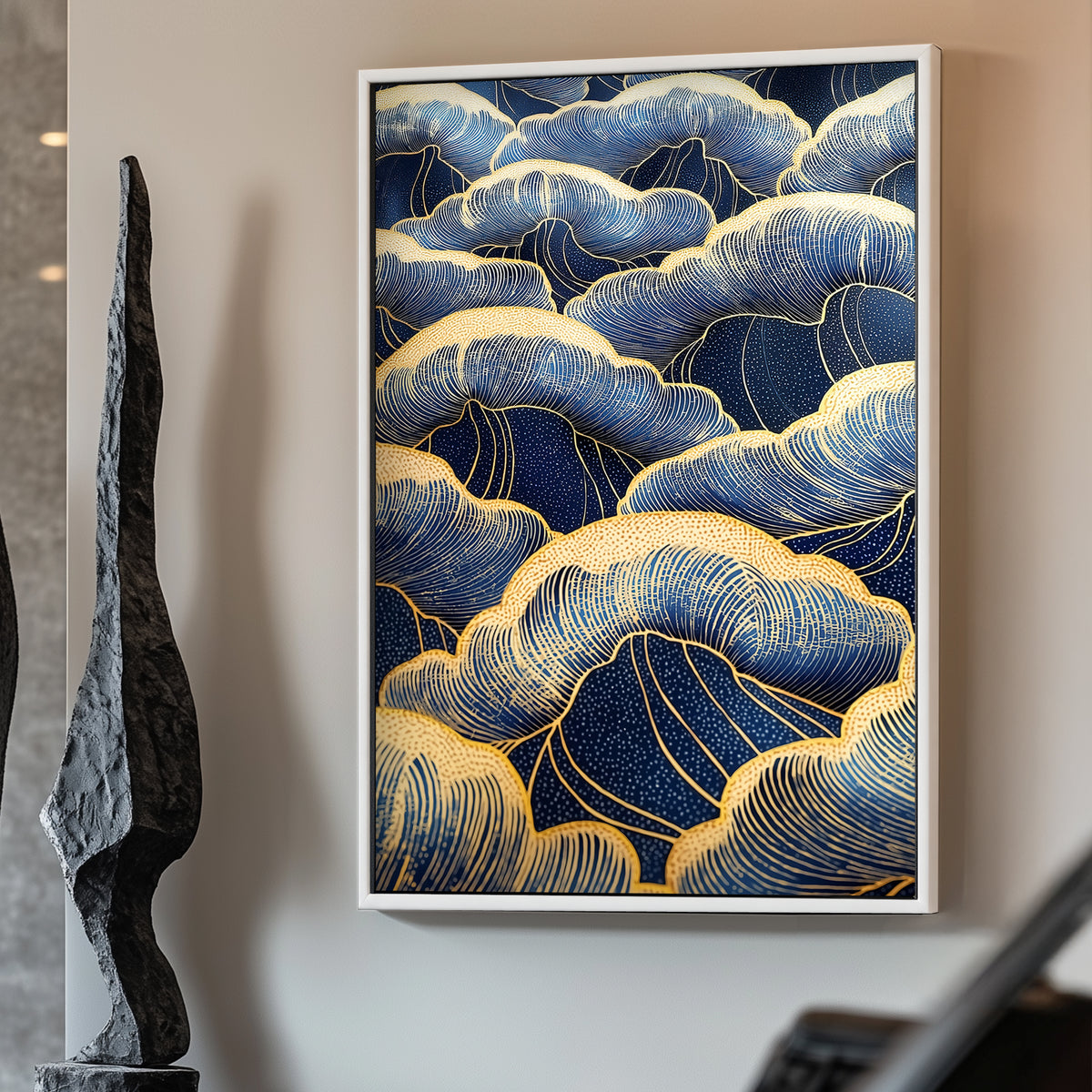 This artwork flows with layers of swirling clouds in deep blue, outlined in shimmering gold. Perfect for modern decor. canvas wall art abstract portrait landscape