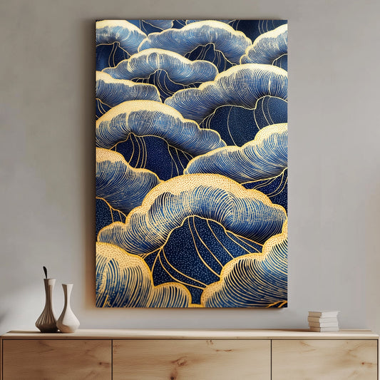 This artwork flows with layers of swirling clouds in deep blue, outlined in shimmering gold. Perfect for modern decor. canvas wall art abstract portrait landscape