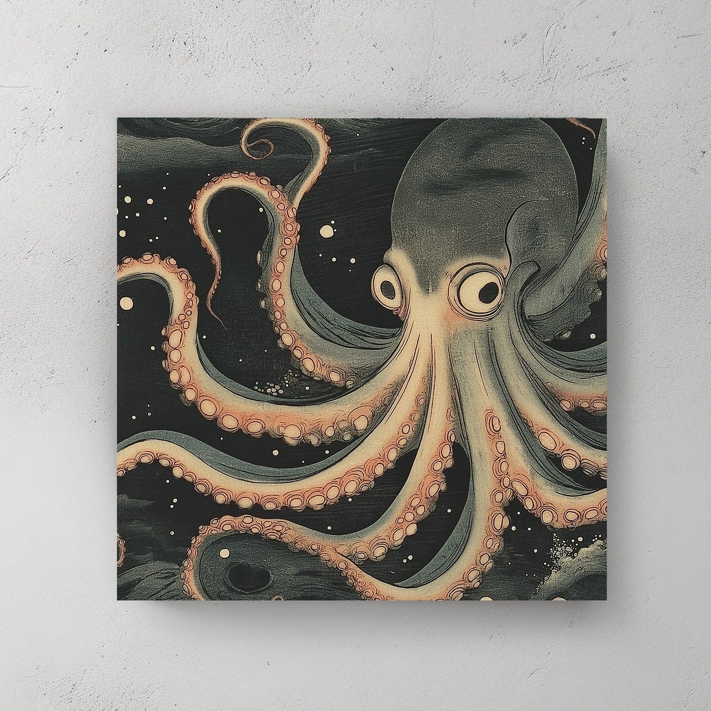 A mesmerizing depiction of an octopus gliding through a starry abyss, its tentacles curling gracefully. Perfect for modern decor. canvas wall art abstract portrait landscape