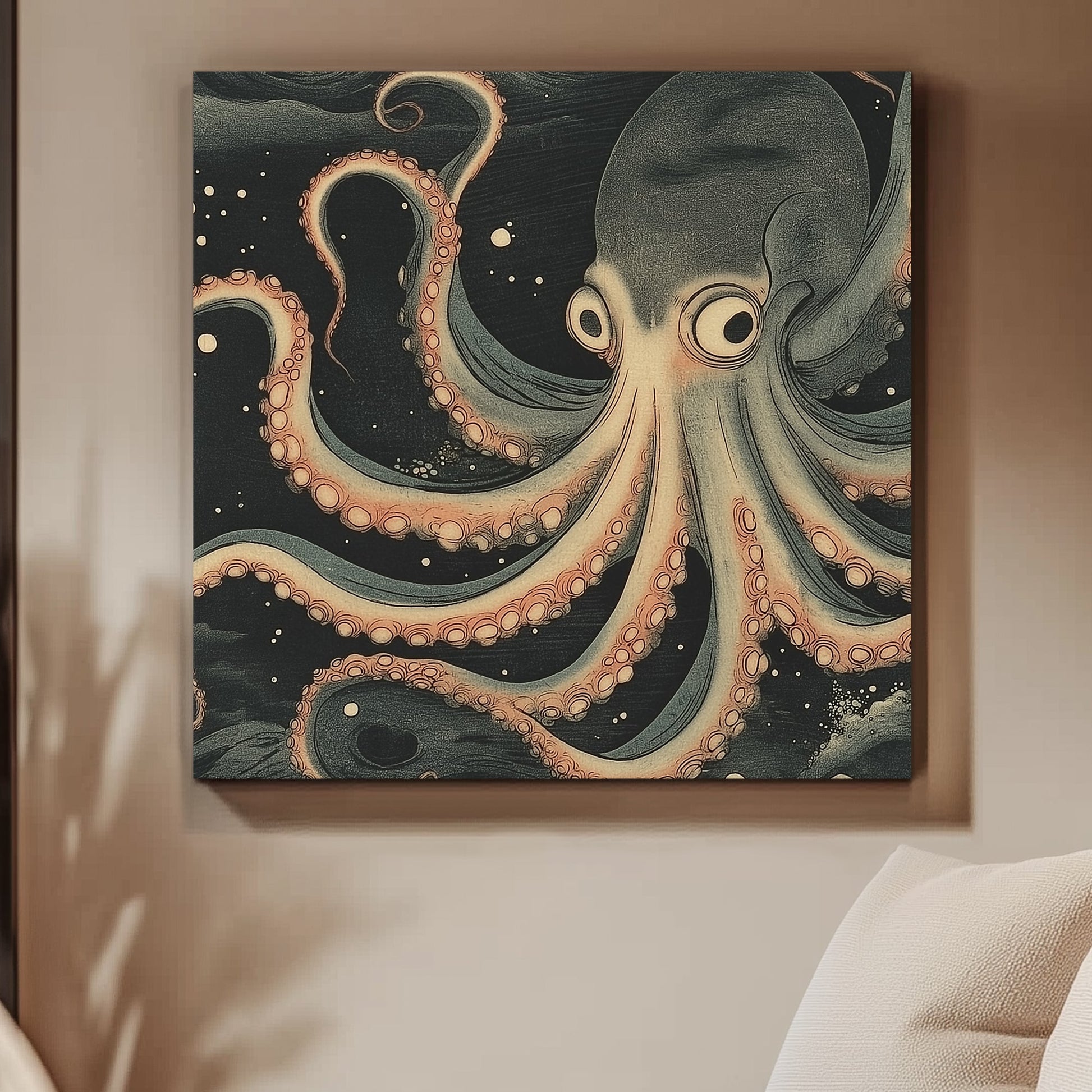 A mesmerizing depiction of an octopus gliding through a starry abyss, its tentacles curling gracefully. Perfect for modern decor. canvas wall art abstract portrait landscape