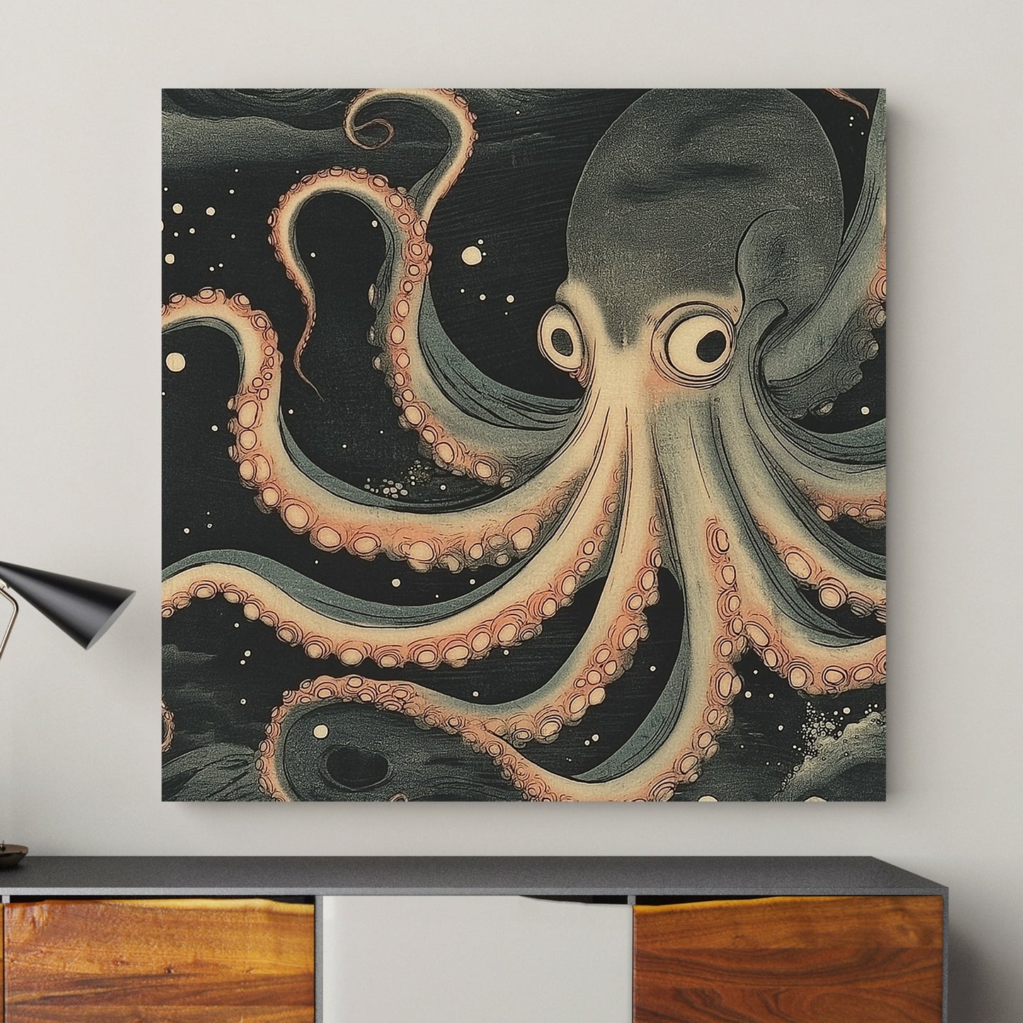 A mesmerizing depiction of an octopus gliding through a starry abyss, its tentacles curling gracefully. Perfect for modern decor. canvas wall art abstract portrait landscape