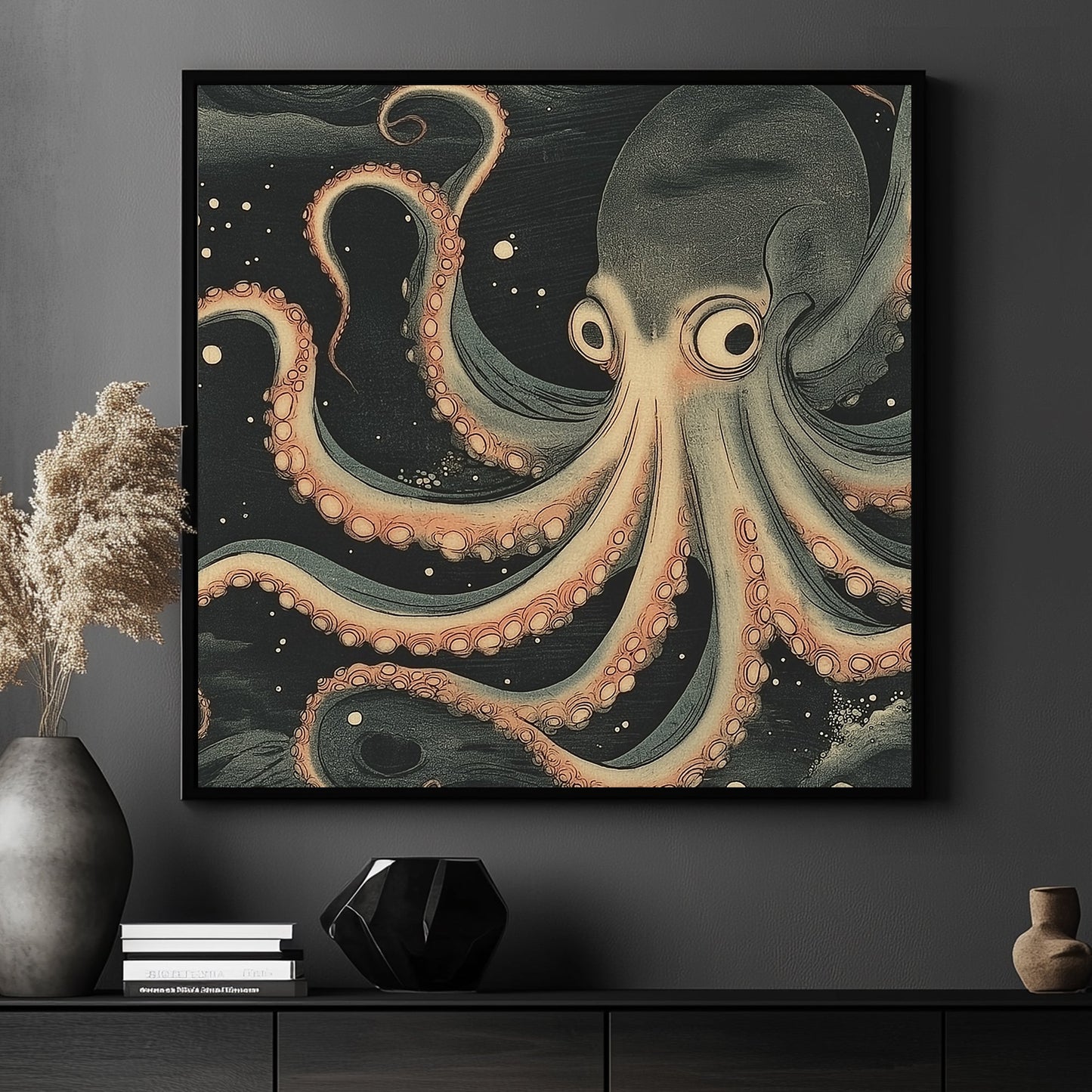 A mesmerizing depiction of an octopus gliding through a starry abyss, its tentacles curling gracefully. Perfect for modern decor. canvas wall art abstract portrait landscape