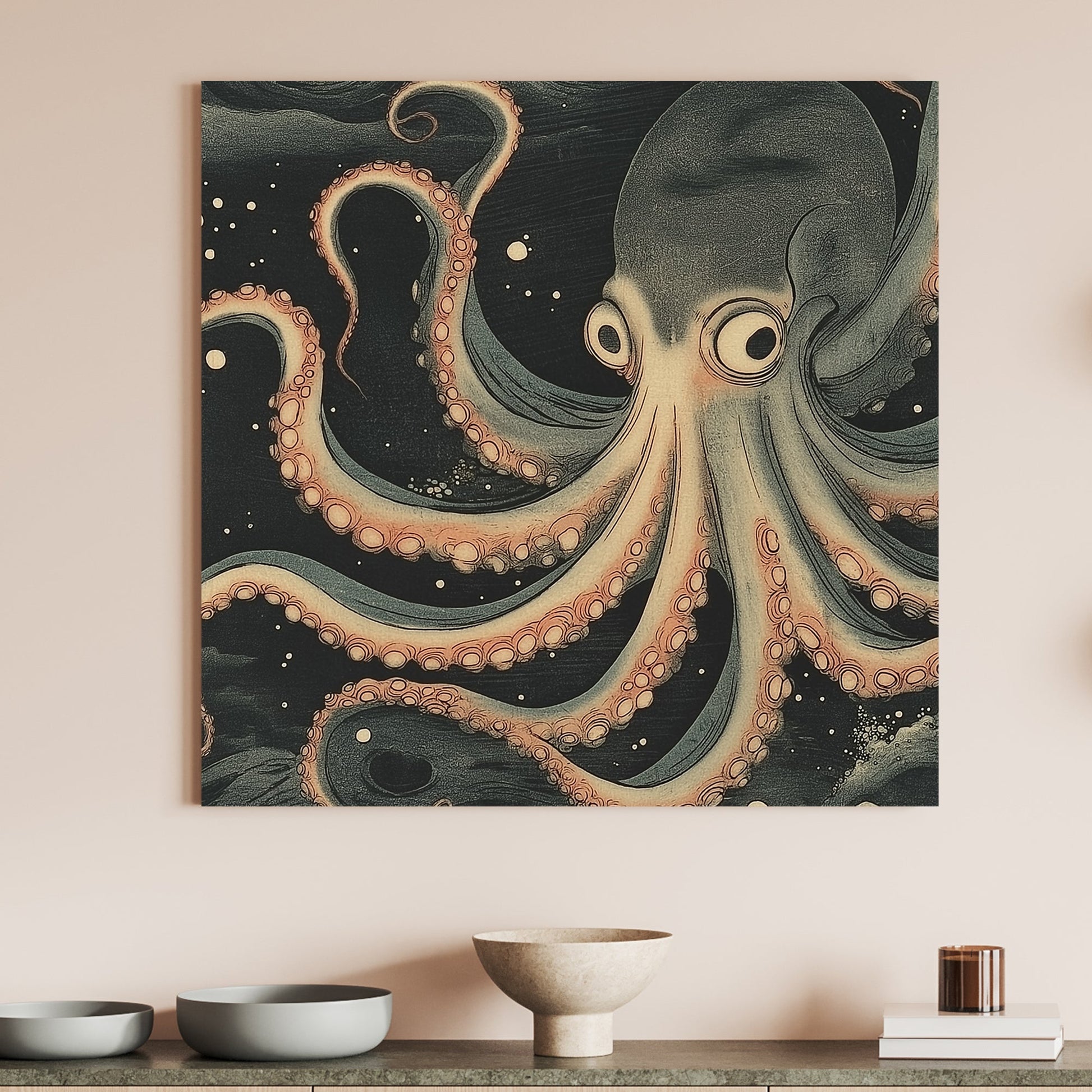 A mesmerizing depiction of an octopus gliding through a starry abyss, its tentacles curling gracefully. Perfect for modern decor. canvas wall art abstract portrait landscape