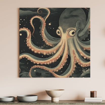 A mesmerizing depiction of an octopus gliding through a starry abyss, its tentacles curling gracefully. Perfect for modern decor. canvas wall art abstract portrait landscape