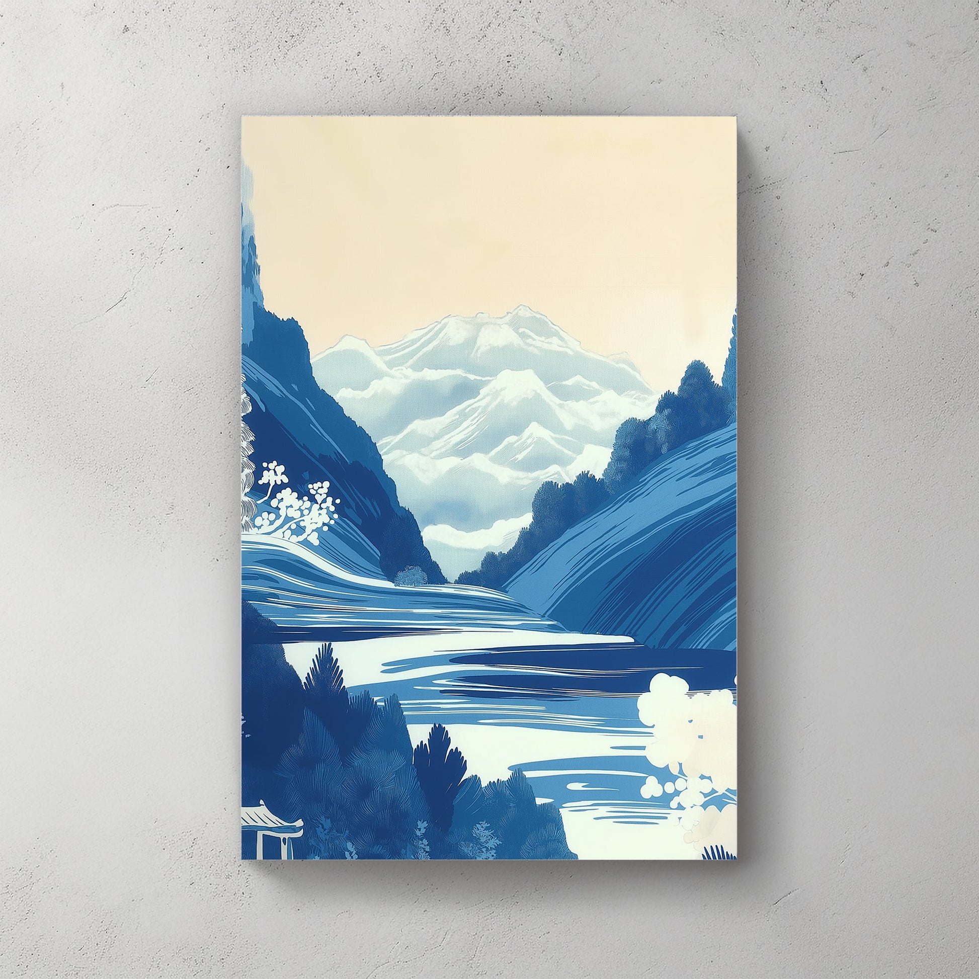 A tranquil landscape of layered mountains, depicted in cool blue tones, evoking a sense of peace. Perfect for modern decor. canvas wall art abstract portrait