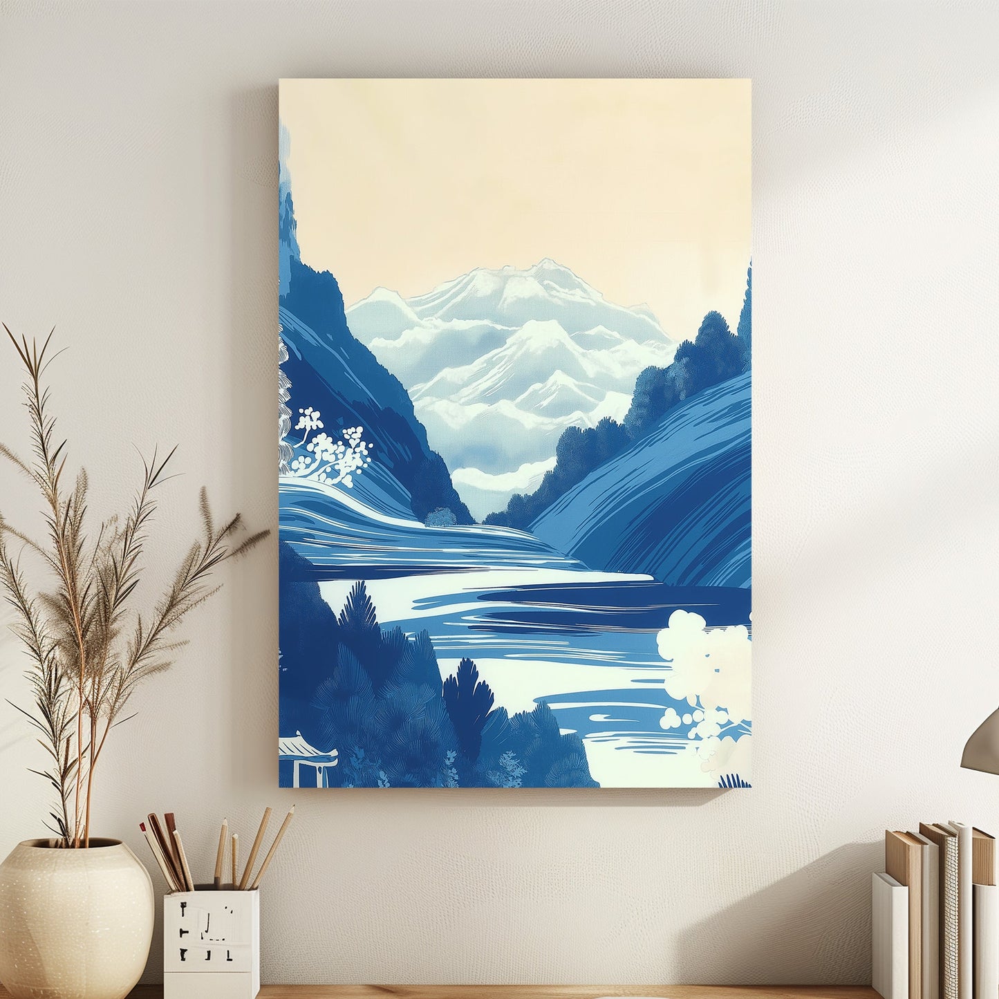 A tranquil landscape of layered mountains, depicted in cool blue tones, evoking a sense of peace. Perfect for modern decor. canvas wall art abstract portrait