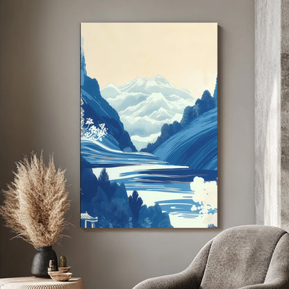 A tranquil landscape of layered mountains, depicted in cool blue tones, evoking a sense of peace. Perfect for modern decor. canvas wall art abstract portrait