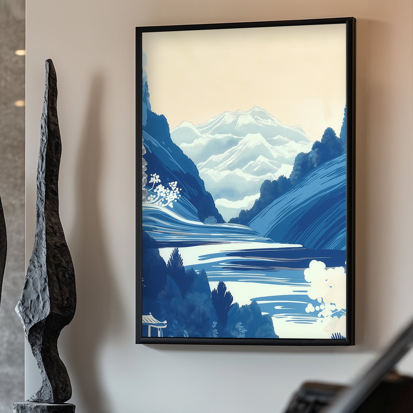 A tranquil landscape of layered mountains, depicted in cool blue tones, evoking a sense of peace. Perfect for modern decor. canvas wall art abstract portrait