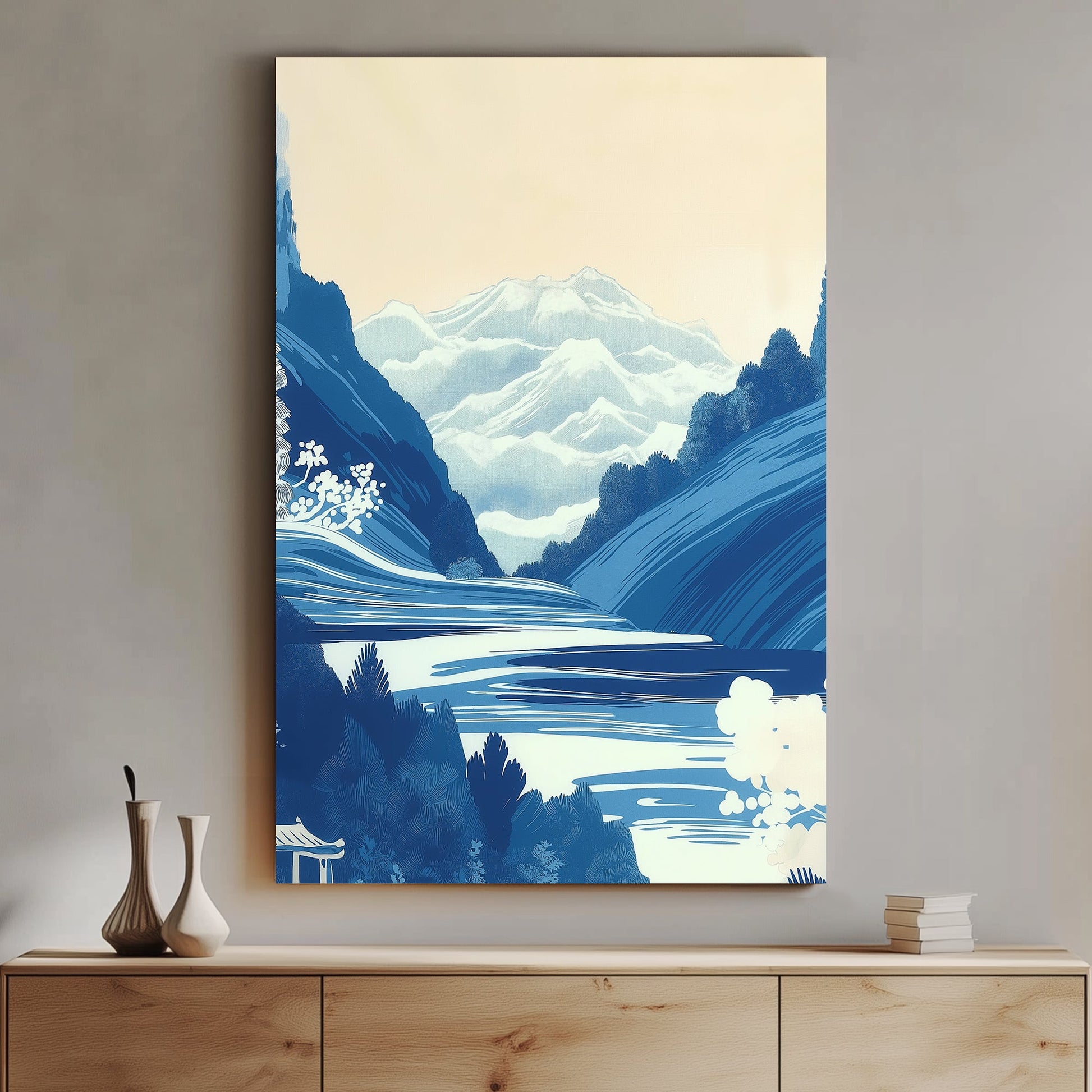 A tranquil landscape of layered mountains, depicted in cool blue tones, evoking a sense of peace. Perfect for modern decor. canvas wall art abstract portrait