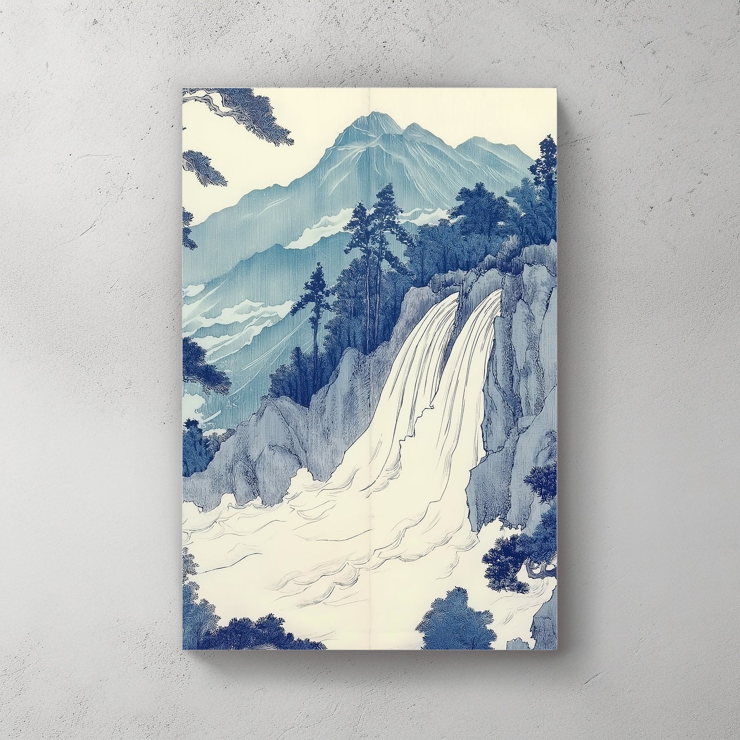 A serene depiction of a cascading waterfall against a backdrop of majestic mountains. Perfect for modern decor. canvas wall art abstract portrait landscape