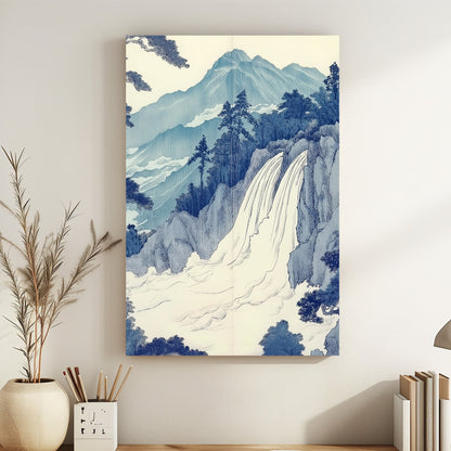 A serene depiction of a cascading waterfall against a backdrop of majestic mountains. Perfect for modern decor. canvas wall art abstract portrait landscape