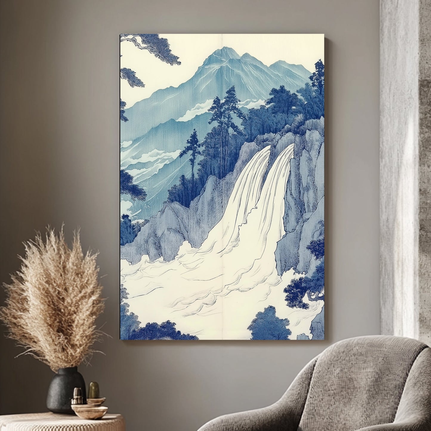 A serene depiction of a cascading waterfall against a backdrop of majestic mountains. Perfect for modern decor. canvas wall art abstract portrait landscape