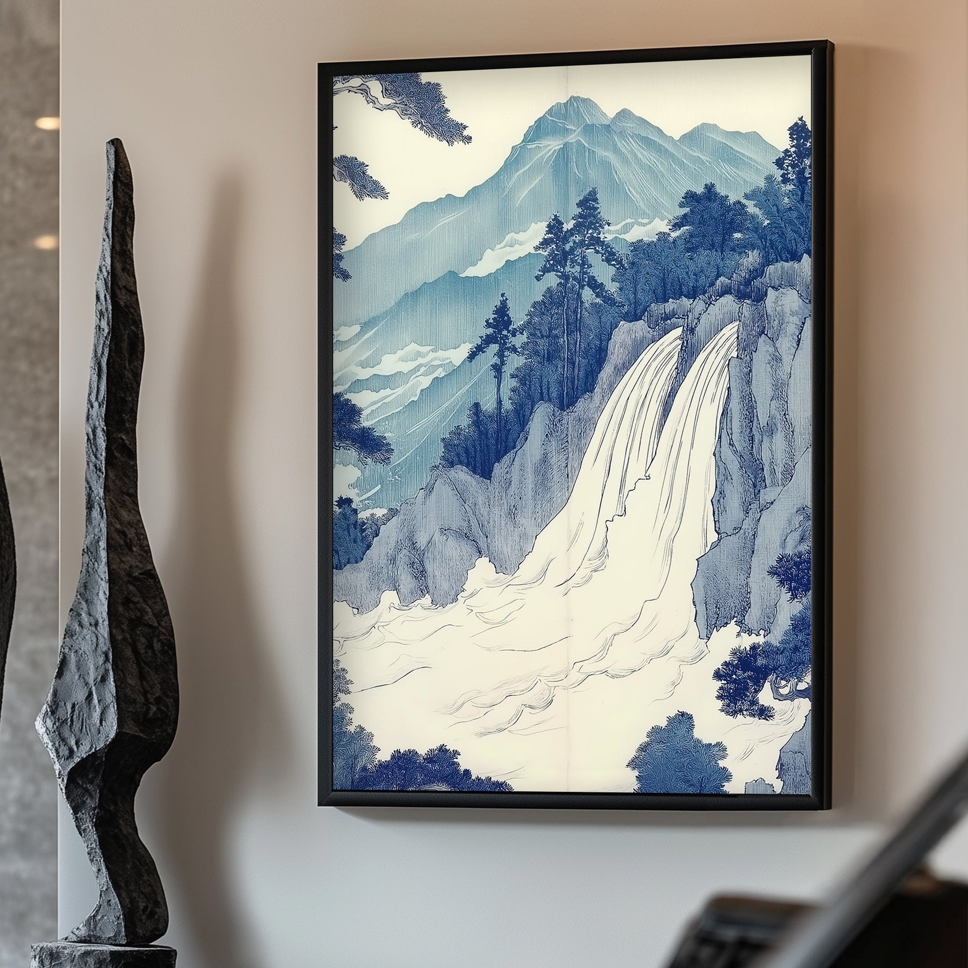 A serene depiction of a cascading waterfall against a backdrop of majestic mountains. Perfect for modern decor. canvas wall art abstract portrait landscape