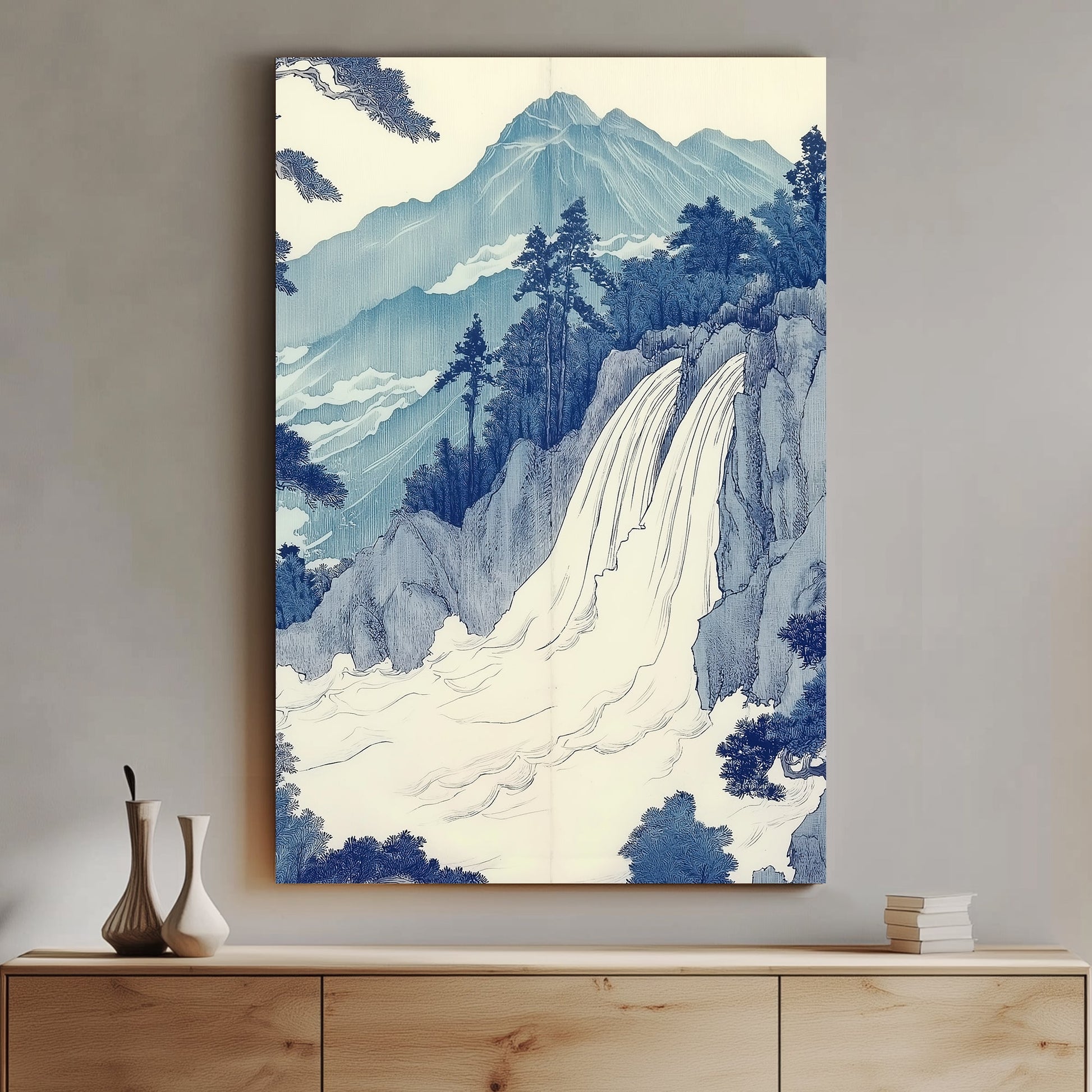 A serene depiction of a cascading waterfall against a backdrop of majestic mountains. Perfect for modern decor. canvas wall art abstract portrait landscape