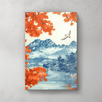 A serene mountain landscape framed by vibrant autumn leaves and a lone bird soaring over still water. Perfect for modern decor. canvas wall art abstract portrait