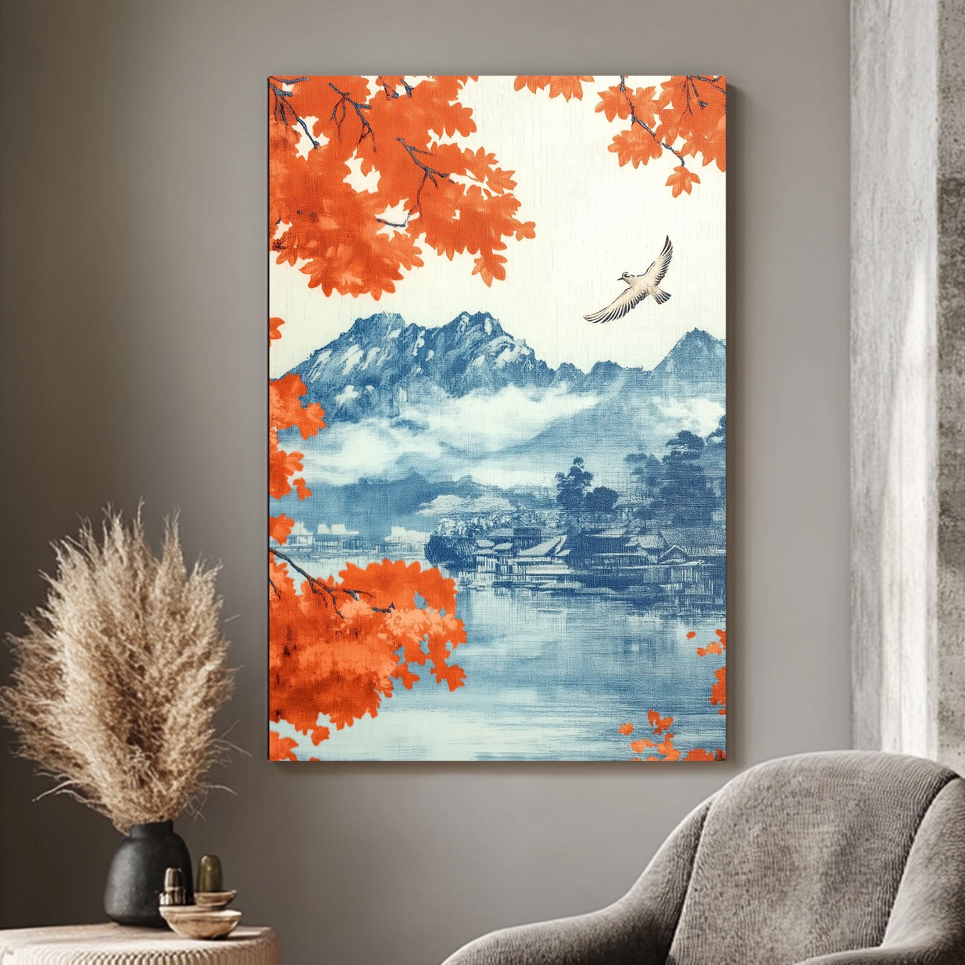 A serene mountain landscape framed by vibrant autumn leaves and a lone bird soaring over still water. Perfect for modern decor. canvas wall art abstract portrait