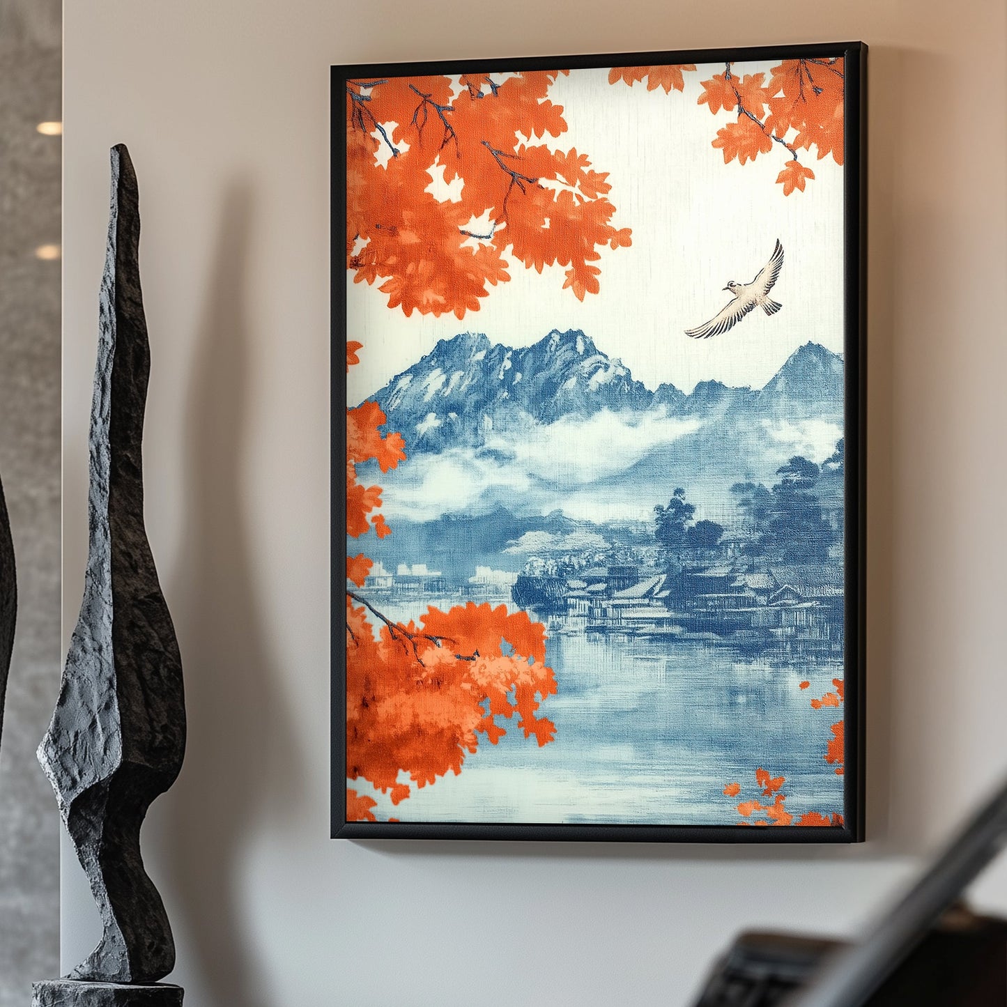 A serene mountain landscape framed by vibrant autumn leaves and a lone bird soaring over still water. Perfect for modern decor. canvas wall art abstract portrait