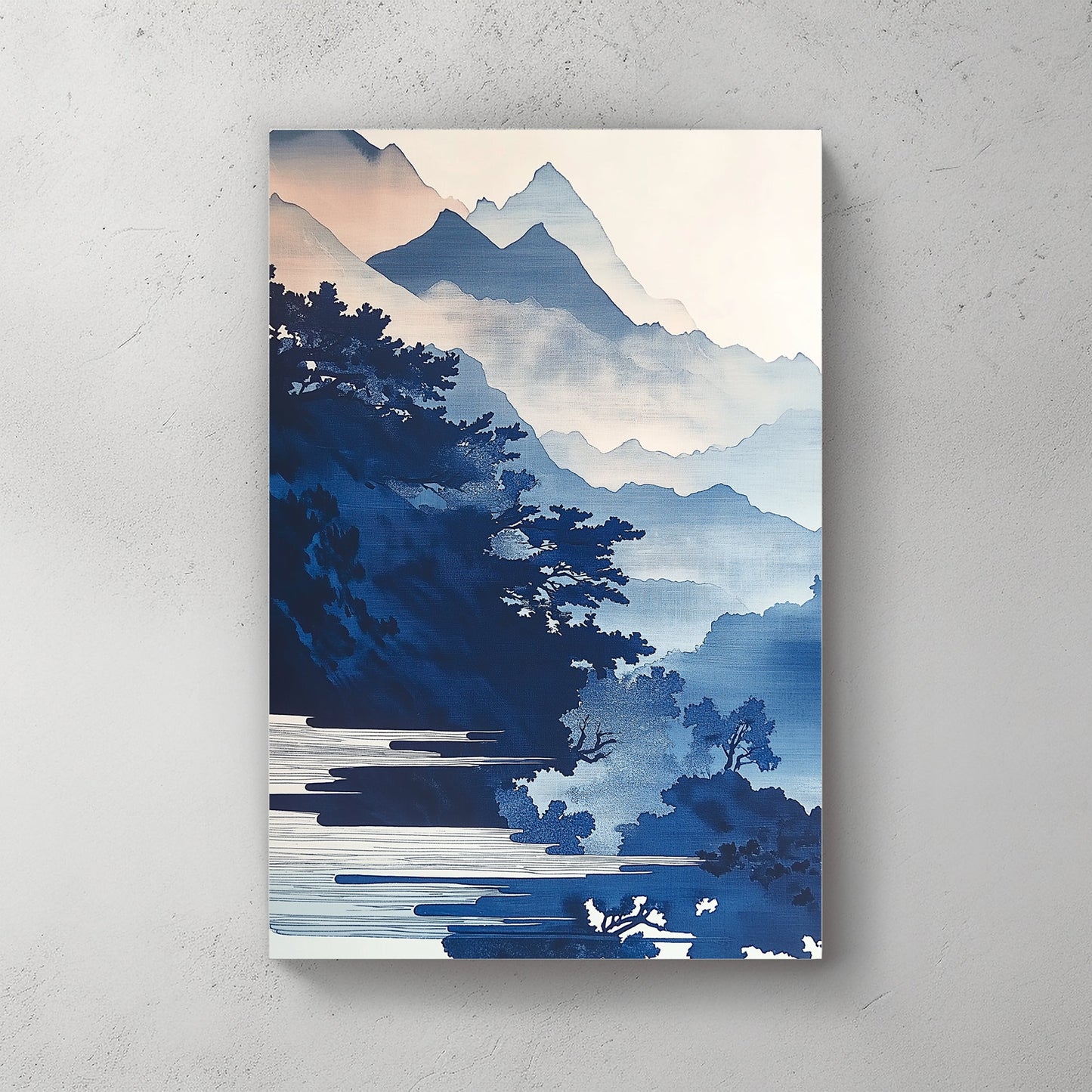 Layers of misty mountains rise in calming blue gradients, creating a serene, atmospheric landscape. Perfect for modern decor. canvas wall art abstract portrait