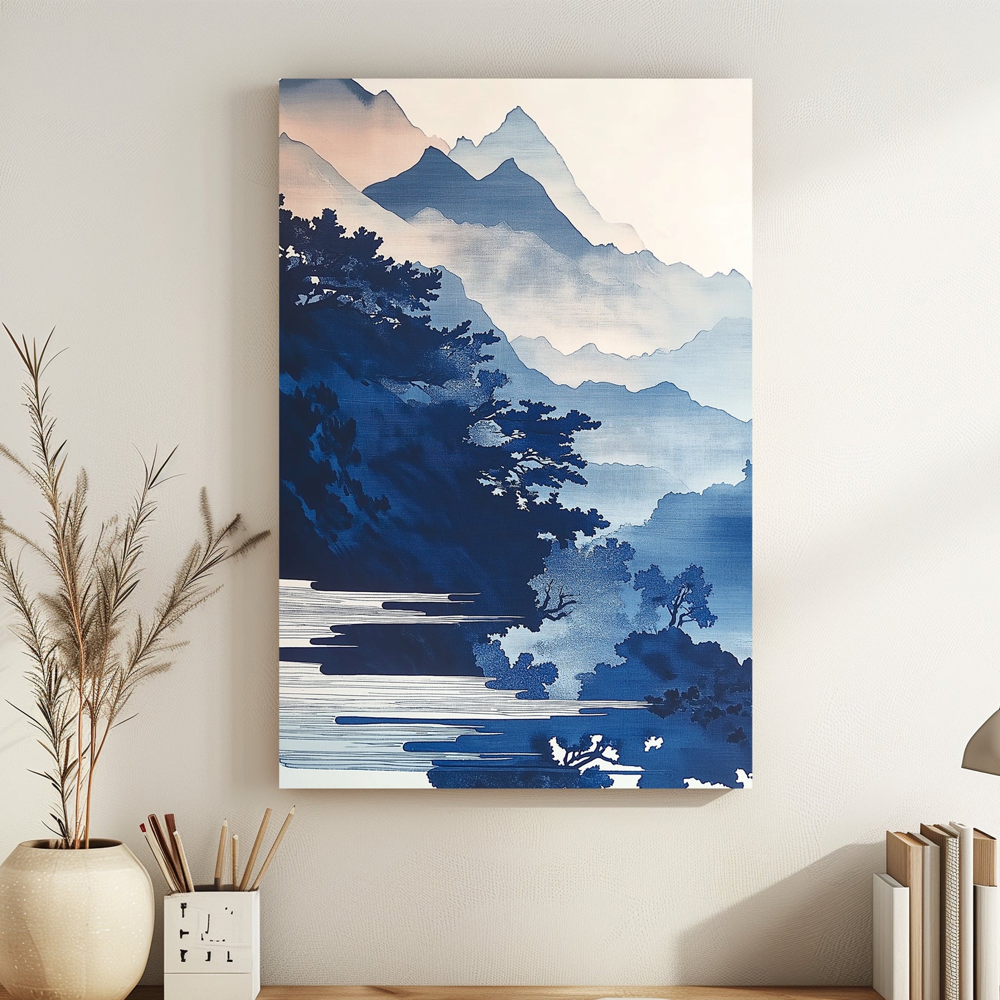 Layers of misty mountains rise in calming blue gradients, creating a serene, atmospheric landscape. Perfect for modern decor. canvas wall art abstract portrait