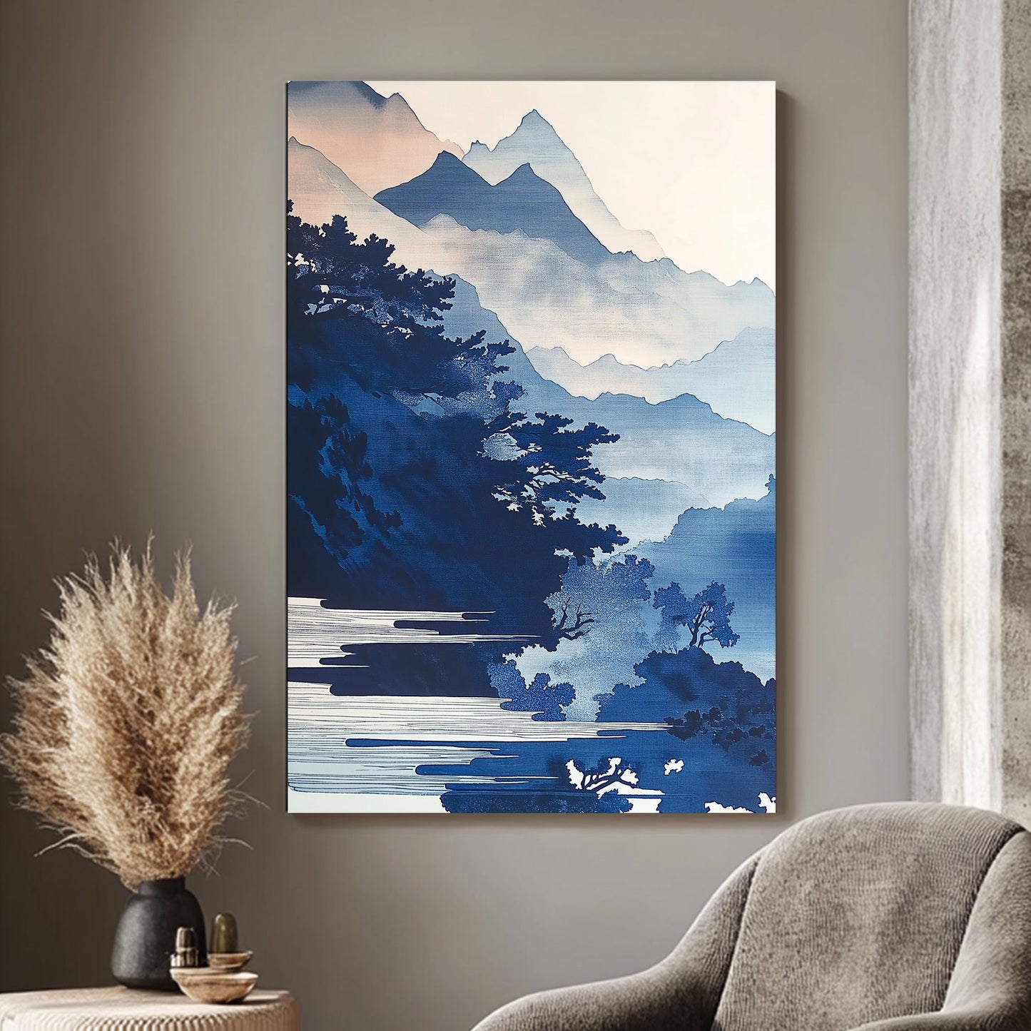 Layers of misty mountains rise in calming blue gradients, creating a serene, atmospheric landscape. Perfect for modern decor. canvas wall art abstract portrait