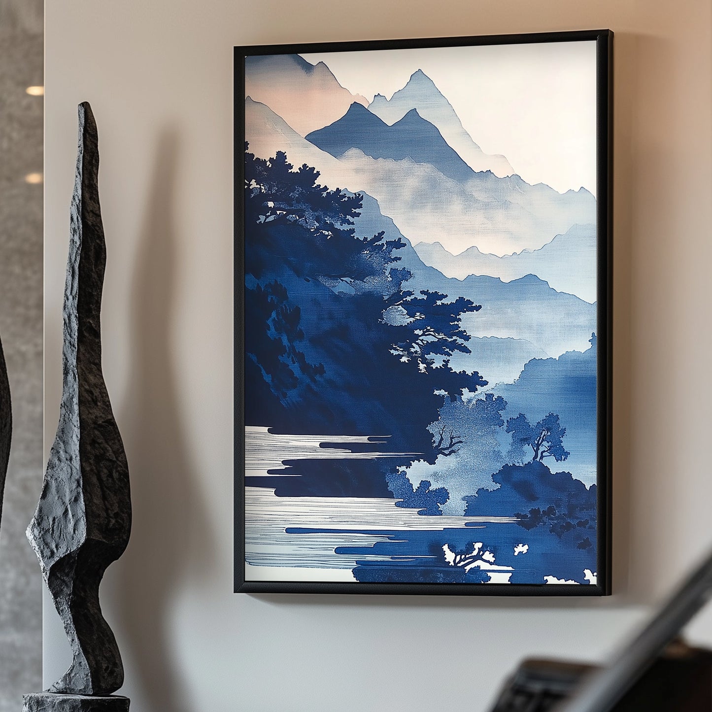 Layers of misty mountains rise in calming blue gradients, creating a serene, atmospheric landscape. Perfect for modern decor. canvas wall art abstract portrait