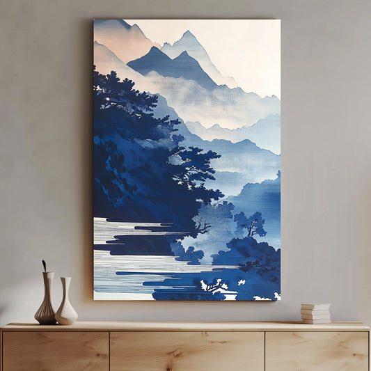 Layers of misty mountains rise in calming blue gradients, creating a serene, atmospheric landscape. Perfect for modern decor. canvas wall art abstract portrait