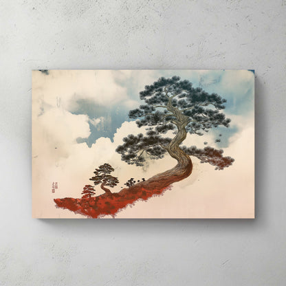 A gracefully twisting pine tree stands against a soft, cloud-filled sky, embodying resilience. Perfect for modern decor. canvas wall art abstract portrait landscape