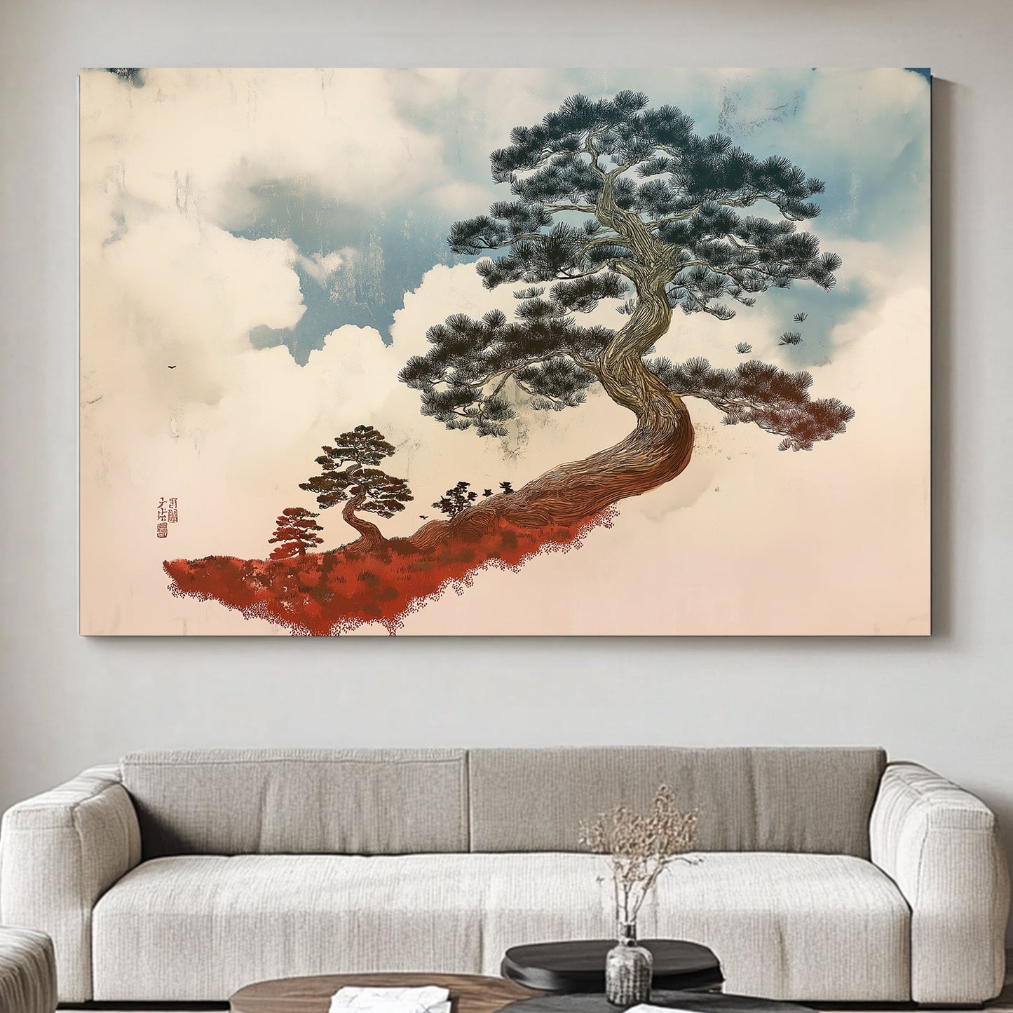 A gracefully twisting pine tree stands against a soft, cloud-filled sky, embodying resilience. Perfect for modern decor. canvas wall art abstract portrait landscape