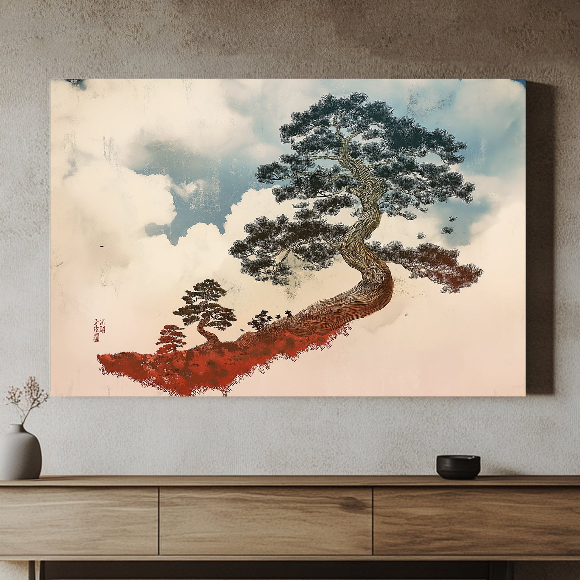 A gracefully twisting pine tree stands against a soft, cloud-filled sky, embodying resilience. Perfect for modern decor. canvas wall art abstract portrait landscape