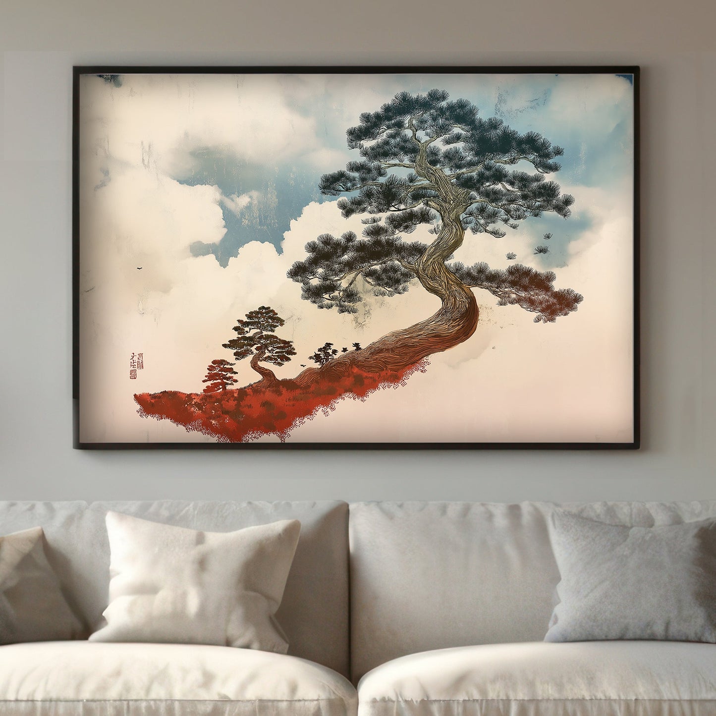 A gracefully twisting pine tree stands against a soft, cloud-filled sky, embodying resilience. Perfect for modern decor. canvas wall art abstract portrait landscape