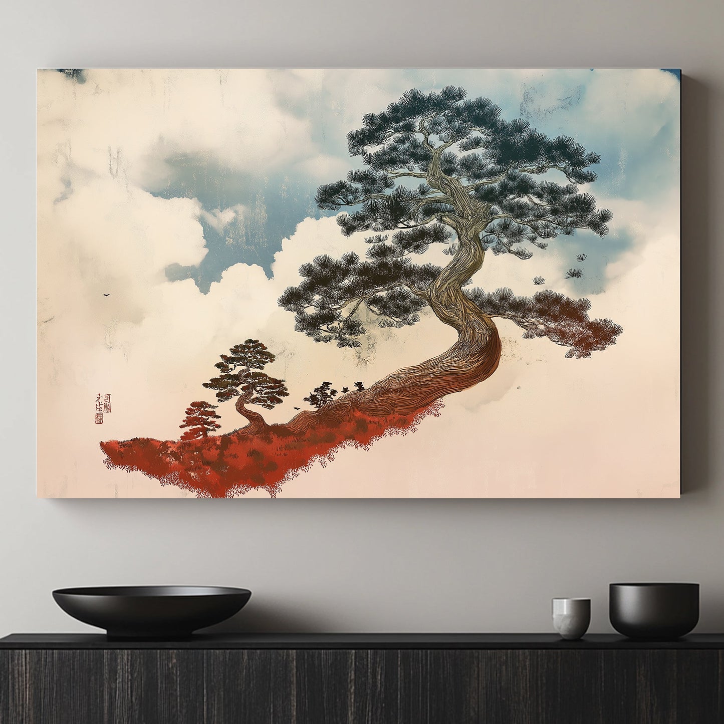 A gracefully twisting pine tree stands against a soft, cloud-filled sky, embodying resilience. Perfect for modern decor. canvas wall art abstract portrait landscape