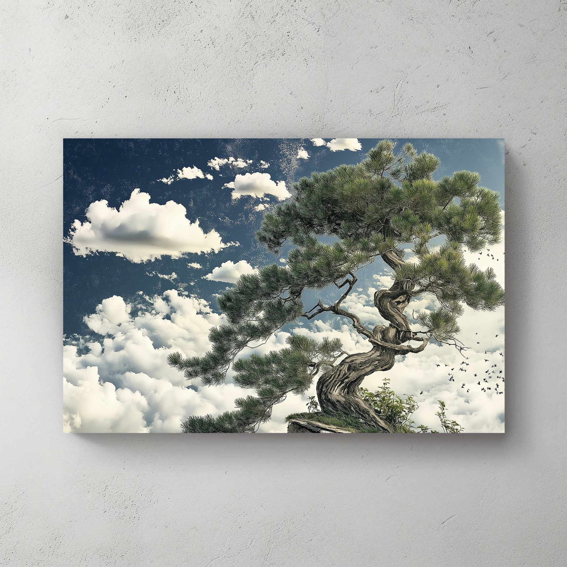 An ancient pine stands tall against a vast sky, its branches reaching into a sea of clouds. Perfect for modern decor. canvas wall art abstract portrait landscape