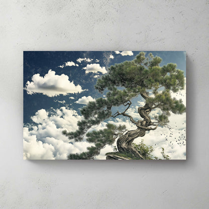 An ancient pine stands tall against a vast sky, its branches reaching into a sea of clouds. Perfect for modern decor. canvas wall art abstract portrait landscape