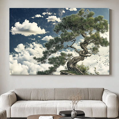 An ancient pine stands tall against a vast sky, its branches reaching into a sea of clouds. Perfect for modern decor. canvas wall art abstract portrait landscape