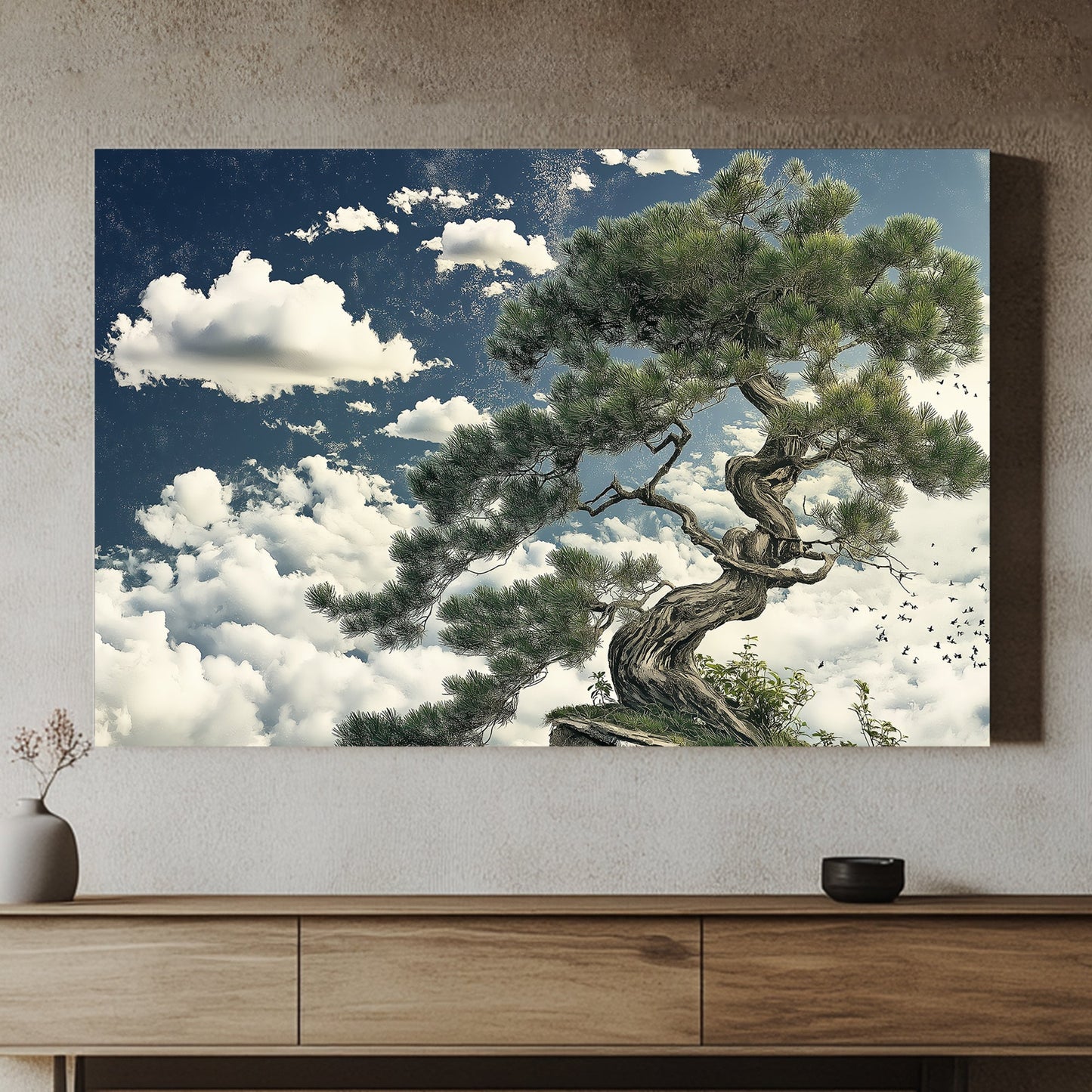 An ancient pine stands tall against a vast sky, its branches reaching into a sea of clouds. Perfect for modern decor. canvas wall art abstract portrait landscape