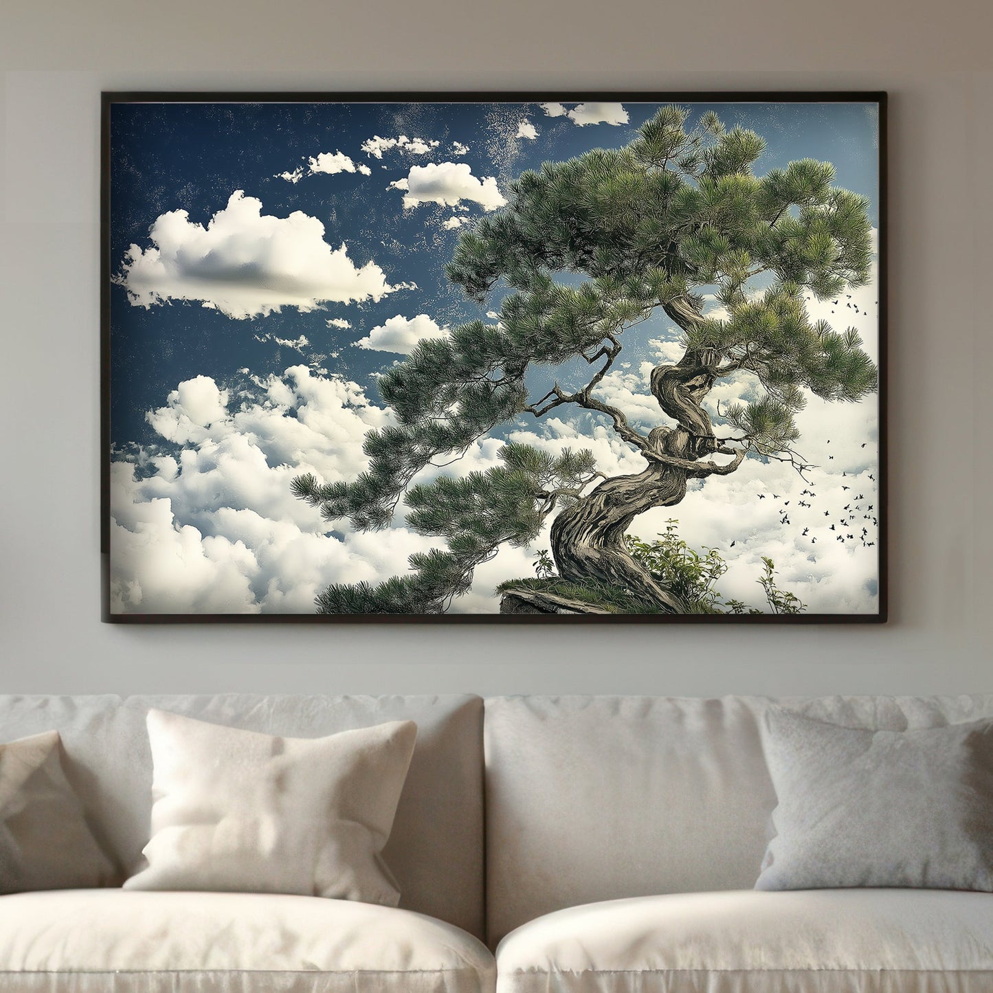 An ancient pine stands tall against a vast sky, its branches reaching into a sea of clouds. Perfect for modern decor. canvas wall art abstract portrait landscape