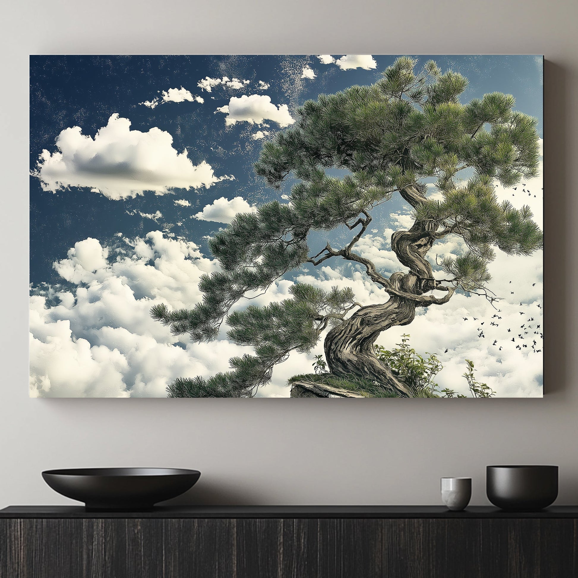 An ancient pine stands tall against a vast sky, its branches reaching into a sea of clouds. Perfect for modern decor. canvas wall art abstract portrait landscape