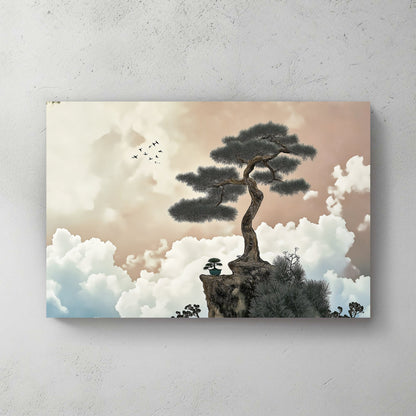 A resilient tree rises from a rocky cliff, silhouetted against a sky painted in soft pastel hues. Perfect for modern decor. canvas wall art abstract portrait landscape