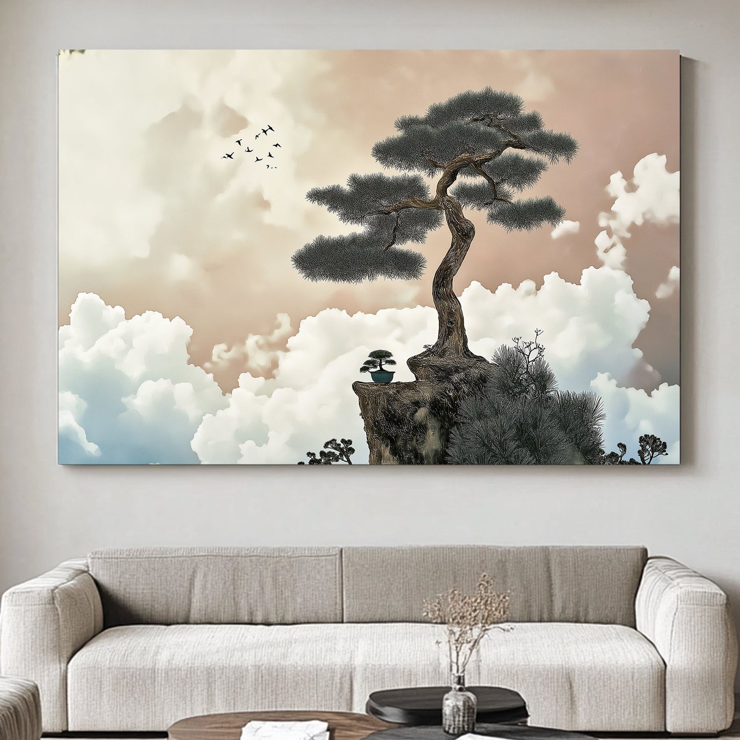 A resilient tree rises from a rocky cliff, silhouetted against a sky painted in soft pastel hues. Perfect for modern decor. canvas wall art abstract portrait landscape