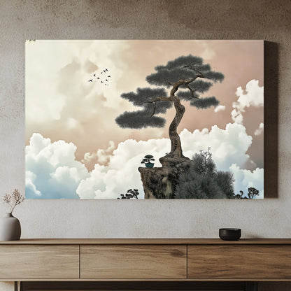 A resilient tree rises from a rocky cliff, silhouetted against a sky painted in soft pastel hues. Perfect for modern decor. canvas wall art abstract portrait landscape