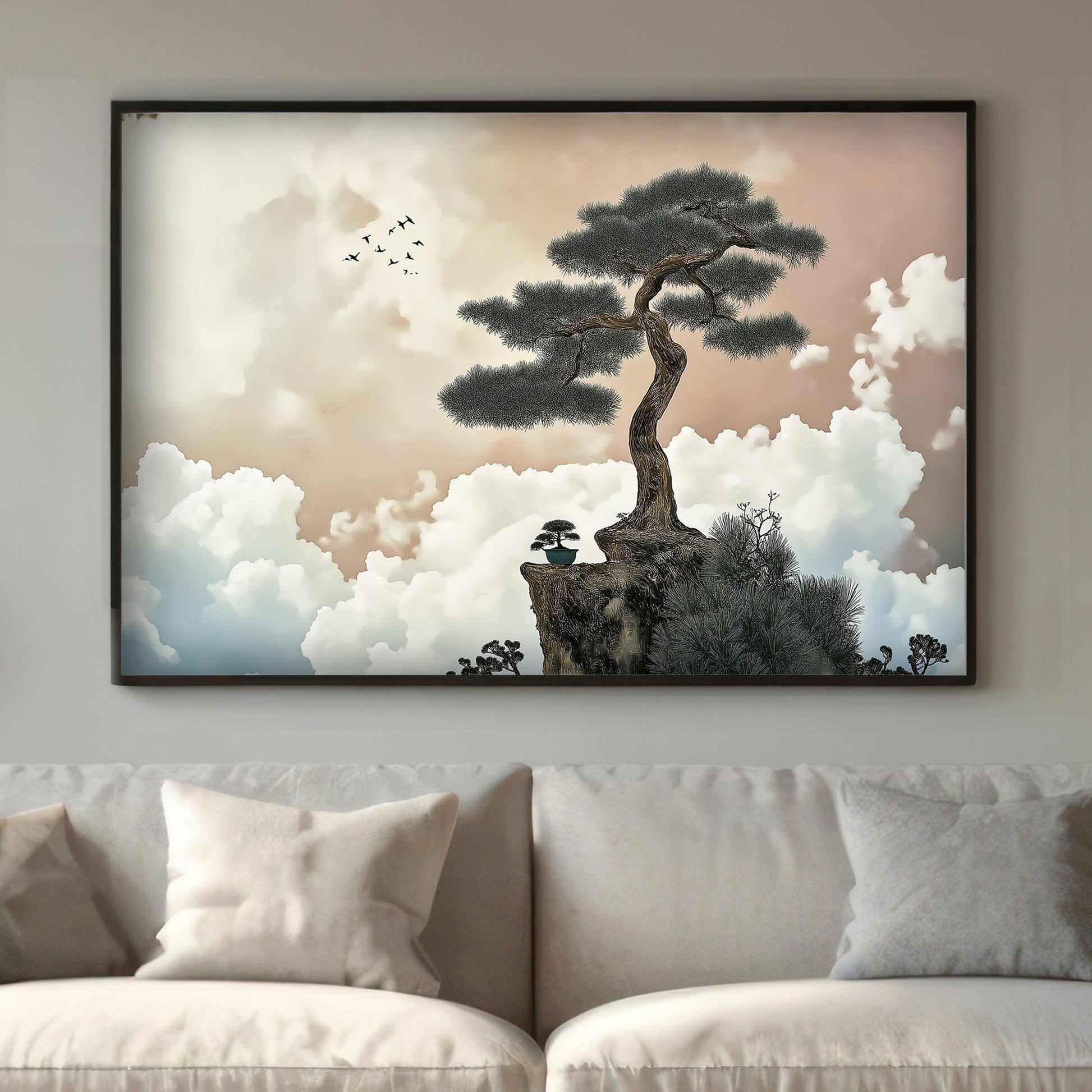 A resilient tree rises from a rocky cliff, silhouetted against a sky painted in soft pastel hues. Perfect for modern decor. canvas wall art abstract portrait landscape