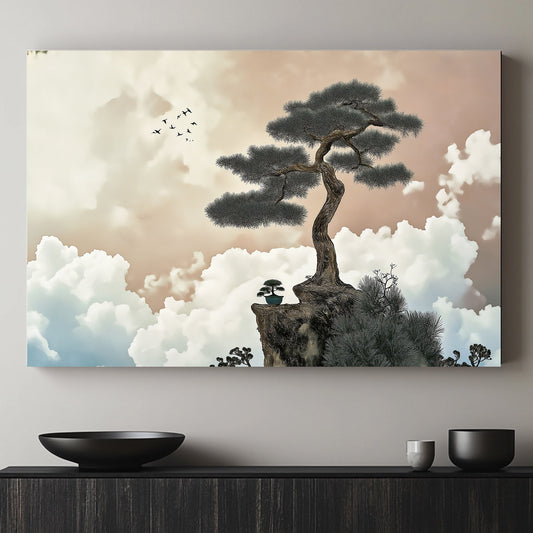 A resilient tree rises from a rocky cliff, silhouetted against a sky painted in soft pastel hues. Perfect for modern decor. canvas wall art abstract portrait landscape