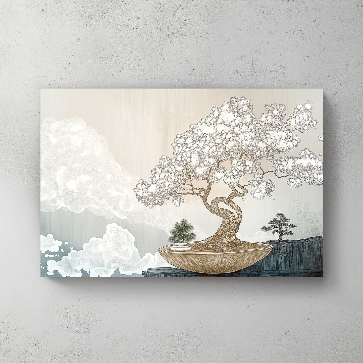 A delicate bonsai tree flourishes in an elegant bowl, its intricate branches contrasting. Perfect for modern decor. canvas wall art abstract portrait landscape